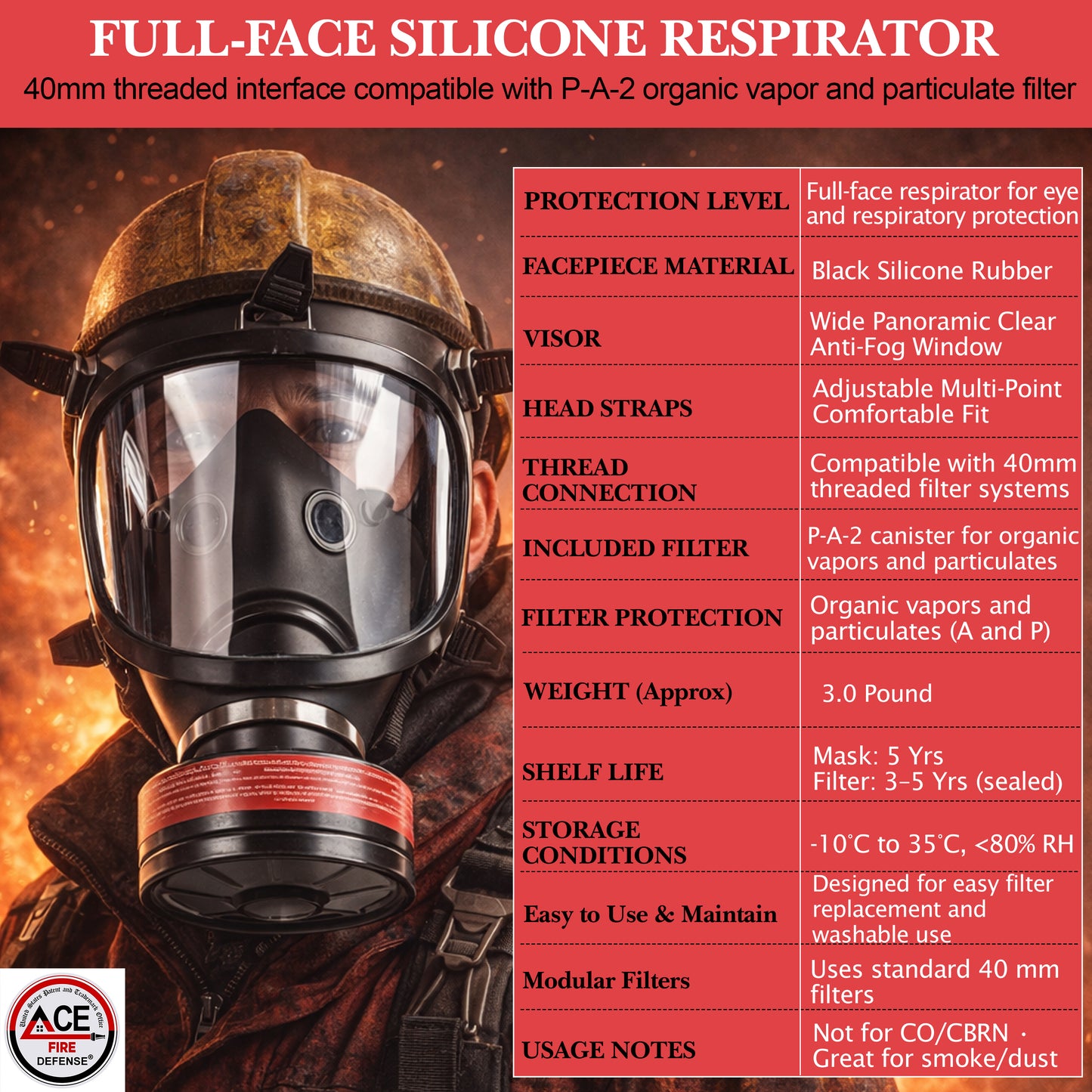 Full-face silicone respirator with protective features and specifications on a red background