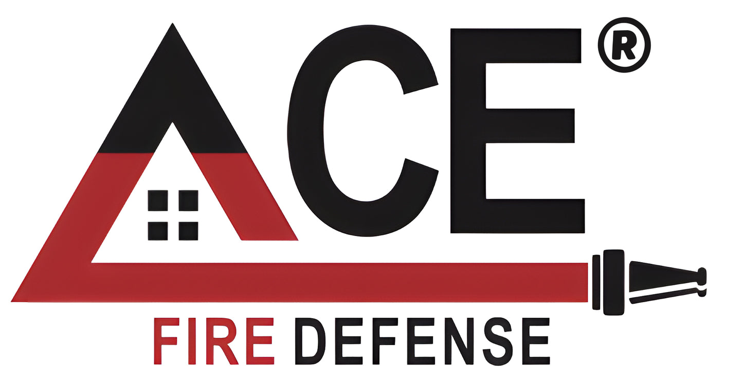 ACE Fire Defense logo with a red triangle, black 'ACE' text, and fire hose graphic on a white background.