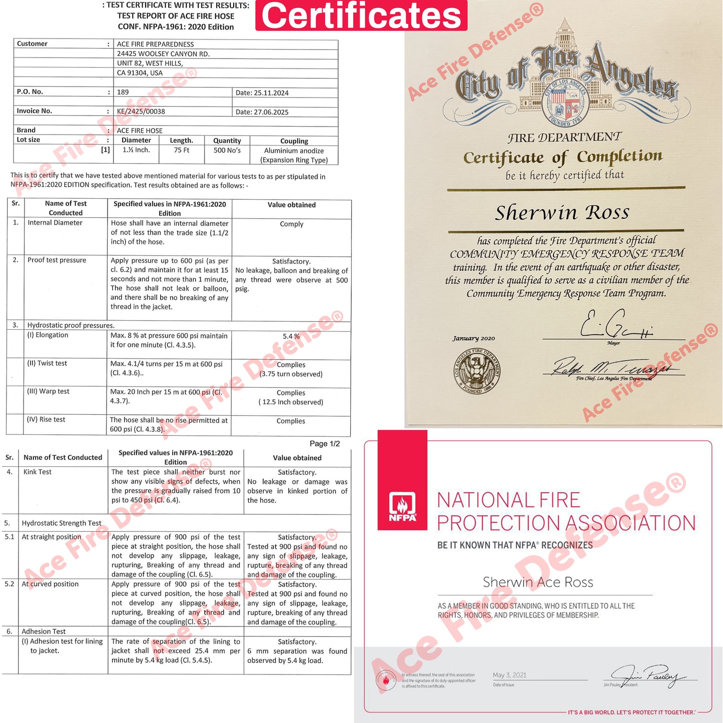Collection of certificates and documents related to fire safety and training, including a certificate from the City of Los Angeles Fire Department and a National Fire Protection Association (NFPA) document.
