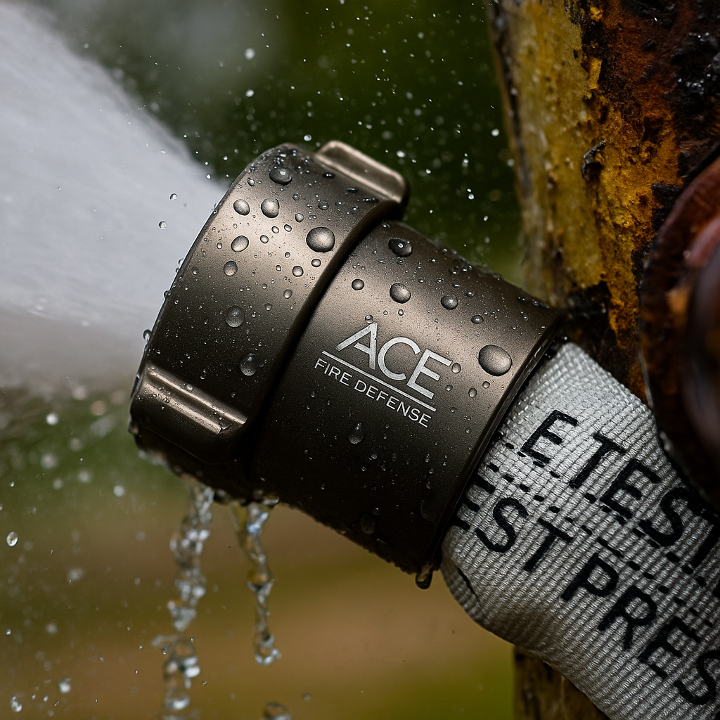 Fire hose nozzle with water flowing, labeled 'ACE Fire Defense', on a blurred natural background.