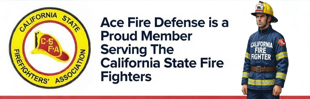 Advertisement for Ace Fire Defense featuring a California State Firefighter and association logo.