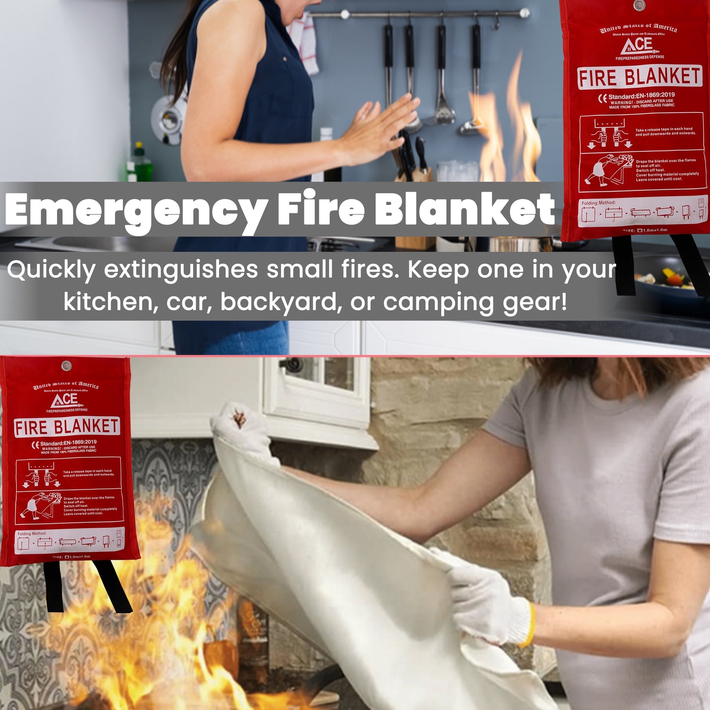 Advertisement for an emergency fire blanket with a person using it to extinguish flames.