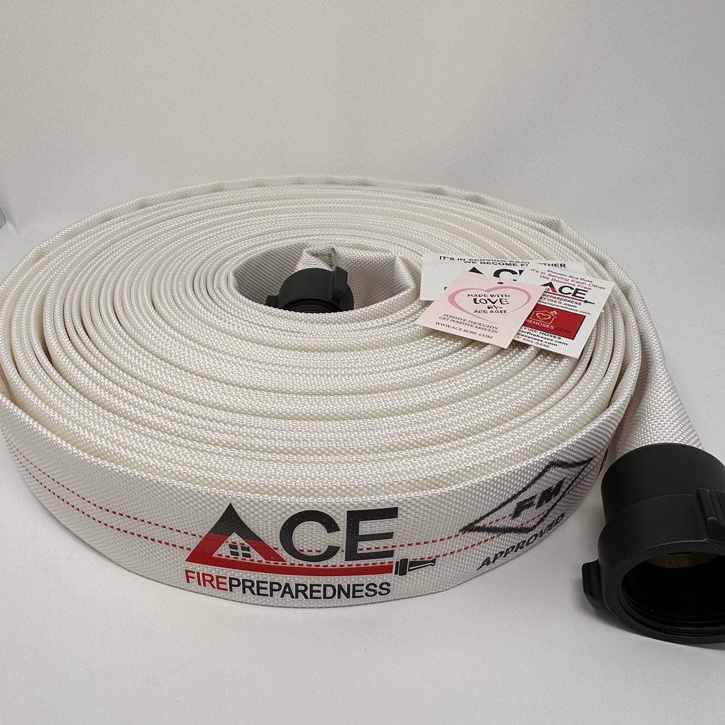 Defense Fire Hose 75’ x 1.5” (2 pack), Folded, NH Aluminum Couplings, TPU Lining, FM Approved for occupant use.