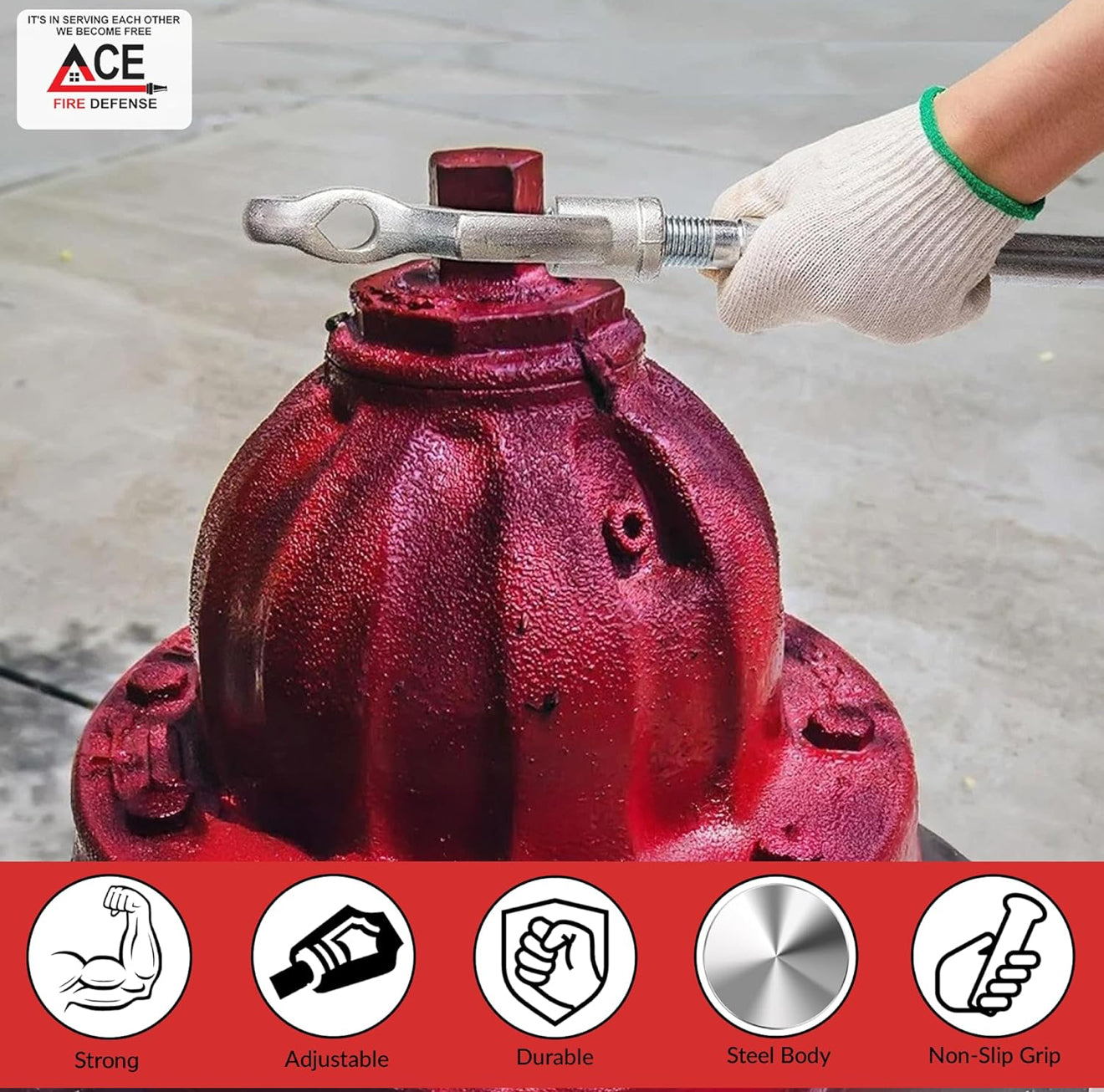 Red fire hydrant with a wrench being used, branded with ACE Fire Defense.
