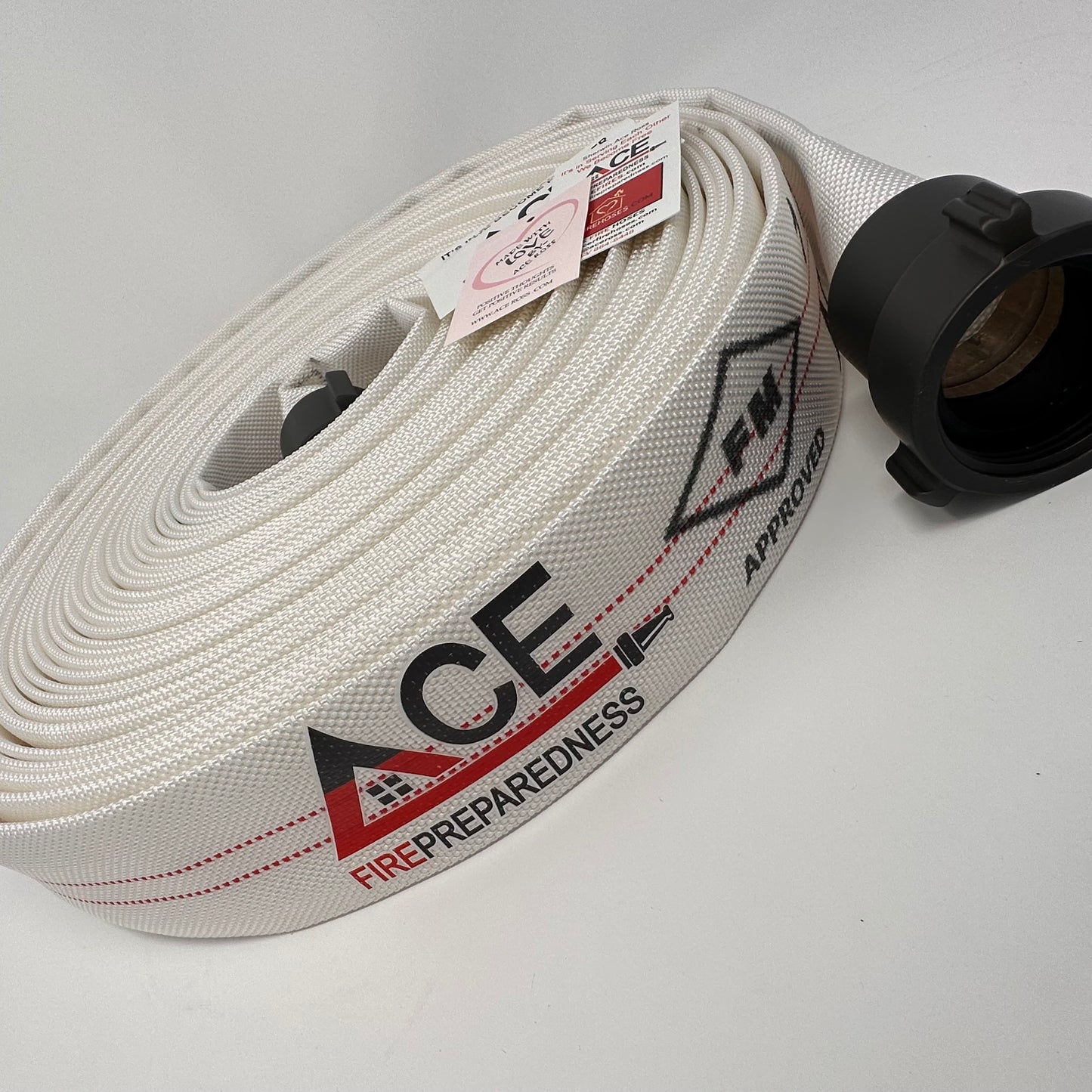 Defense Fire Hose 75’ x 1.5” (2 pack), Folded, NH Aluminum Couplings, TPU Lining, FM Approved for occupant use.