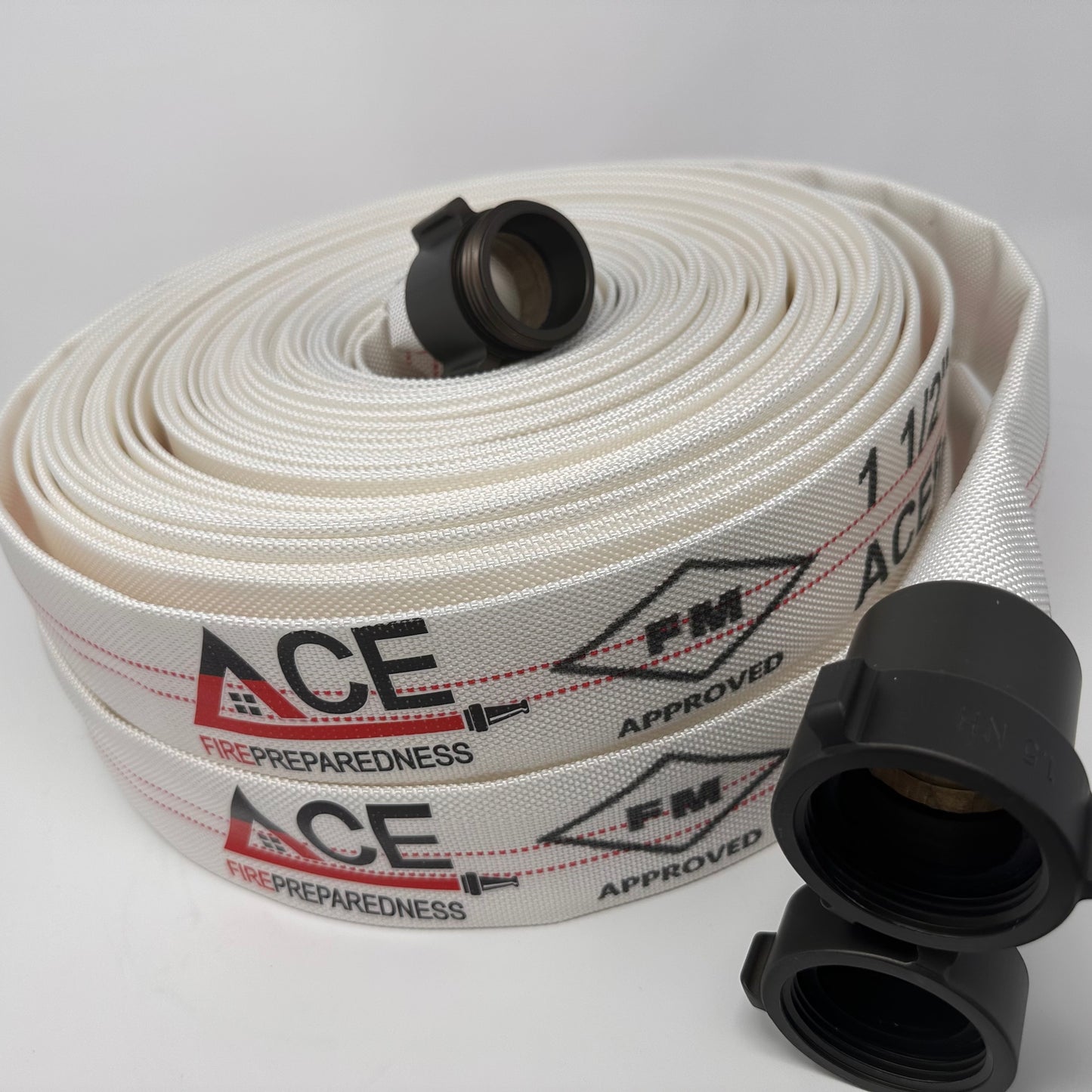 Defense Fire Hose 75’ x 1.5” (2 pack), Folded, NH Aluminum Couplings, TPU Lining, FM Approved for occupant use.