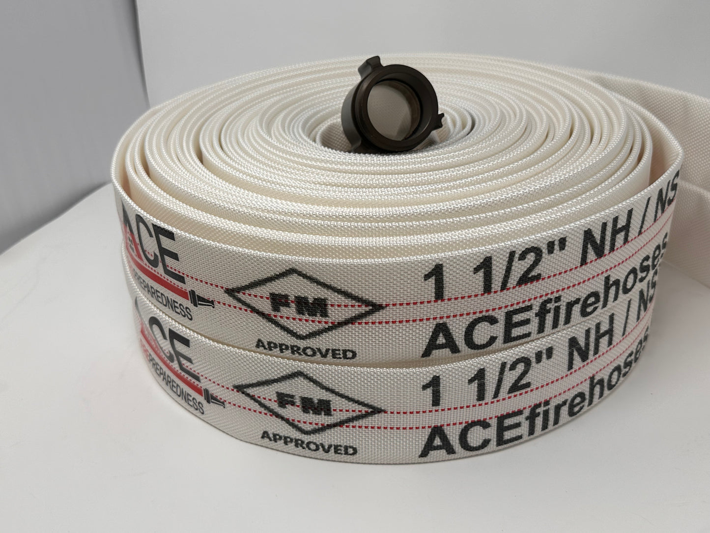 Defense Fire Hose 75’ x 1.5” (2 pack), Folded, NH Aluminum Couplings, TPU Lining, FM Approved for occupant use.