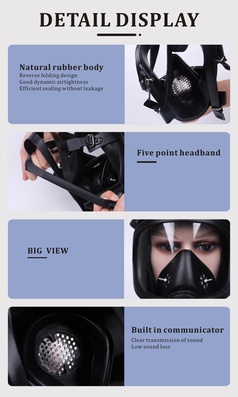 Detailed display of a black mask with features highlighted on a blue background