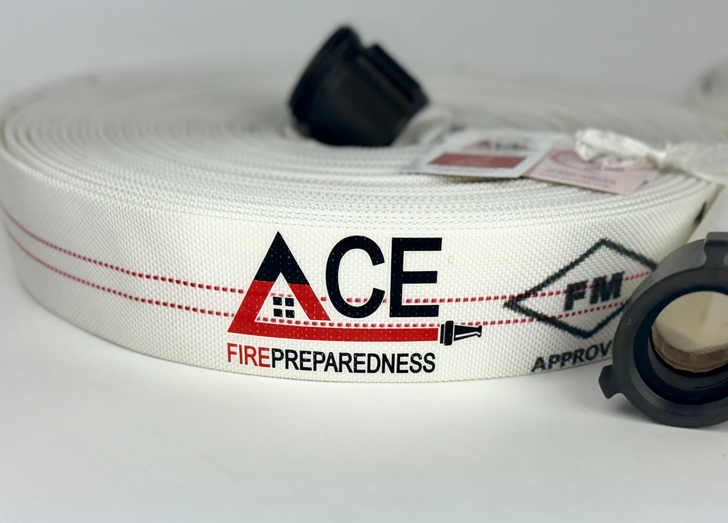 Fire Hose new improved Coiled, Pyro-Lite Aluminum Couplings, 75' x 1.5" TPU Lining, FM Approved.