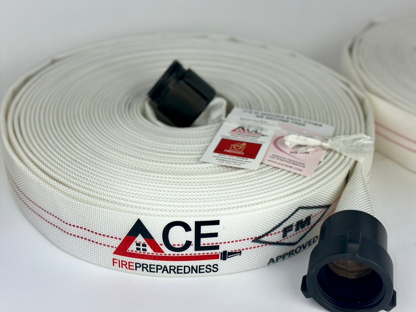 Fire Hose new improved Coiled, Pyro-Lite Aluminum Couplings, 75' x 1.5" TPU Lining, FM Approved.