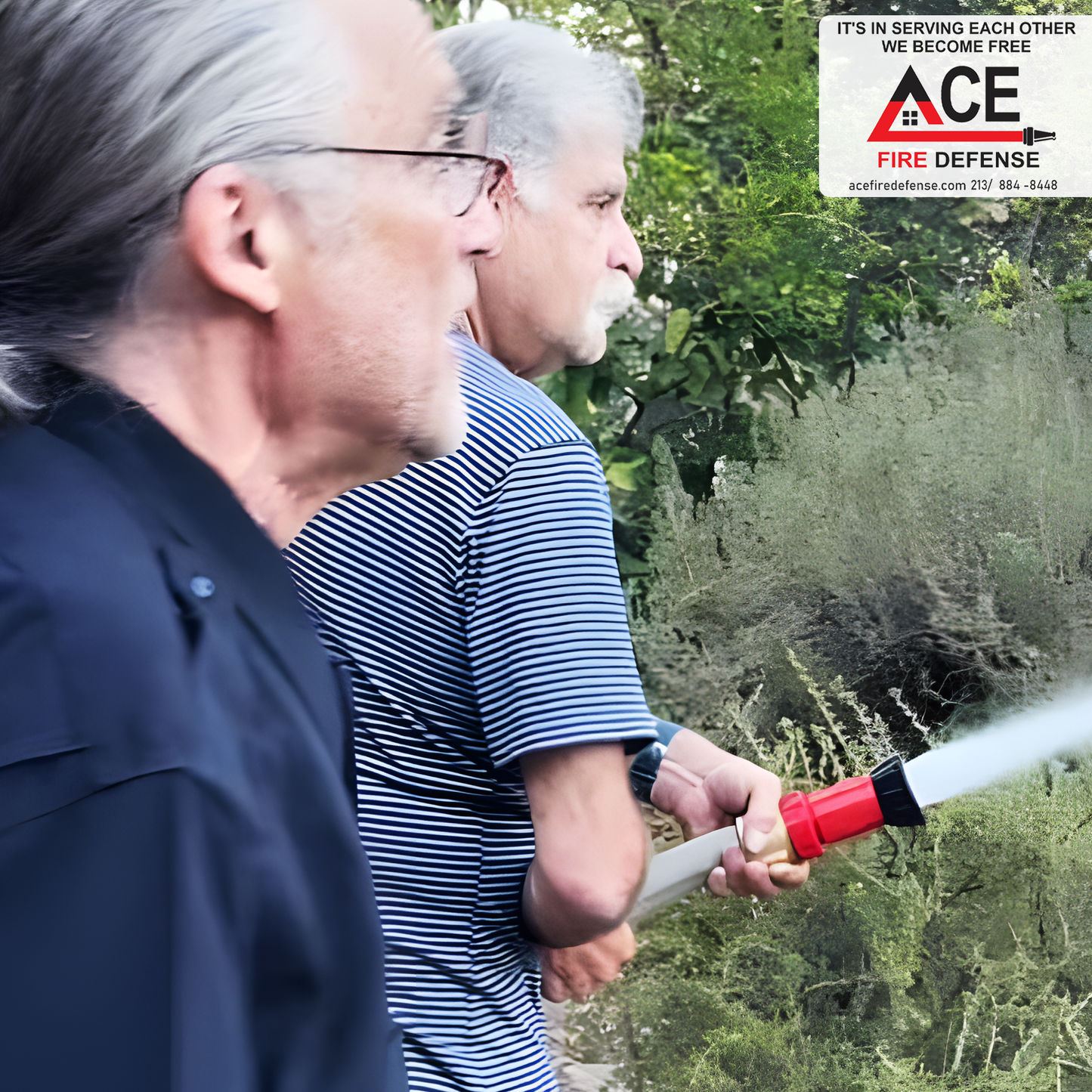 Two men using a hose with a visible Ace Fire Defense logo in the corner.
