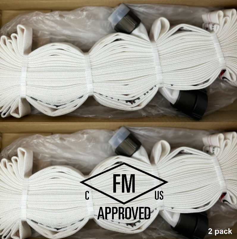 Fire Cabinet Hose 75’ x 1.5” (2 pack), Folded, NH Aluminum Couplings, TPU Lining, FM Approved for occupant use.