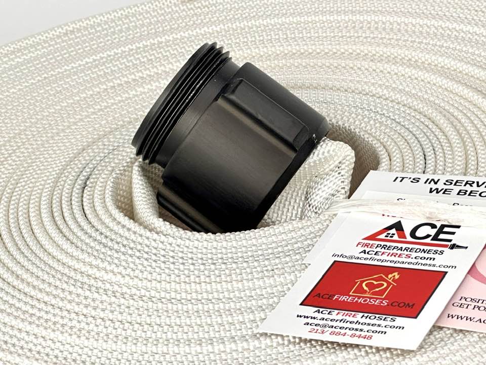 Defense Fire Hose 75’ x 1.5” (2 pack), Folded, NH Aluminum Couplings, TPU Lining, FM Approved for occupant use.