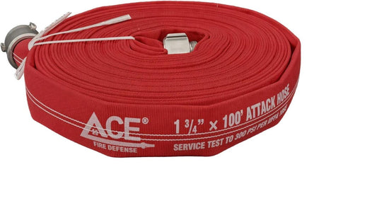 A coiled red fire hose with white printed text and logo, including the brand ACE Fire Defense, on a plain white background.