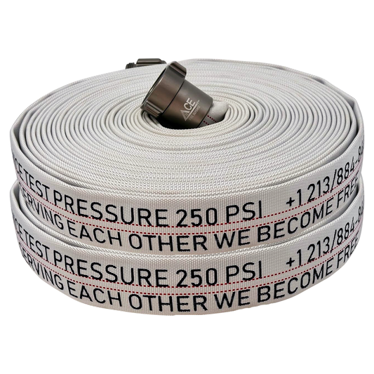 Fire Hose  75’ x 1.5”  (2 pack), Folded, NH Aluminum Couplings, TPU Lining, FM Approved for occupant use.