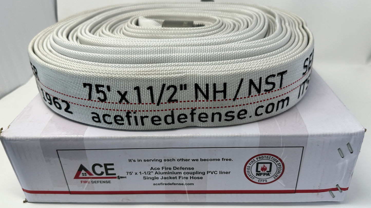 Fire Hose 75’ x 1.5”  PER NAFTA 1962. Single Jacket, NH Extra Large Aluminum Couplings, Heavy weight for everyday use.