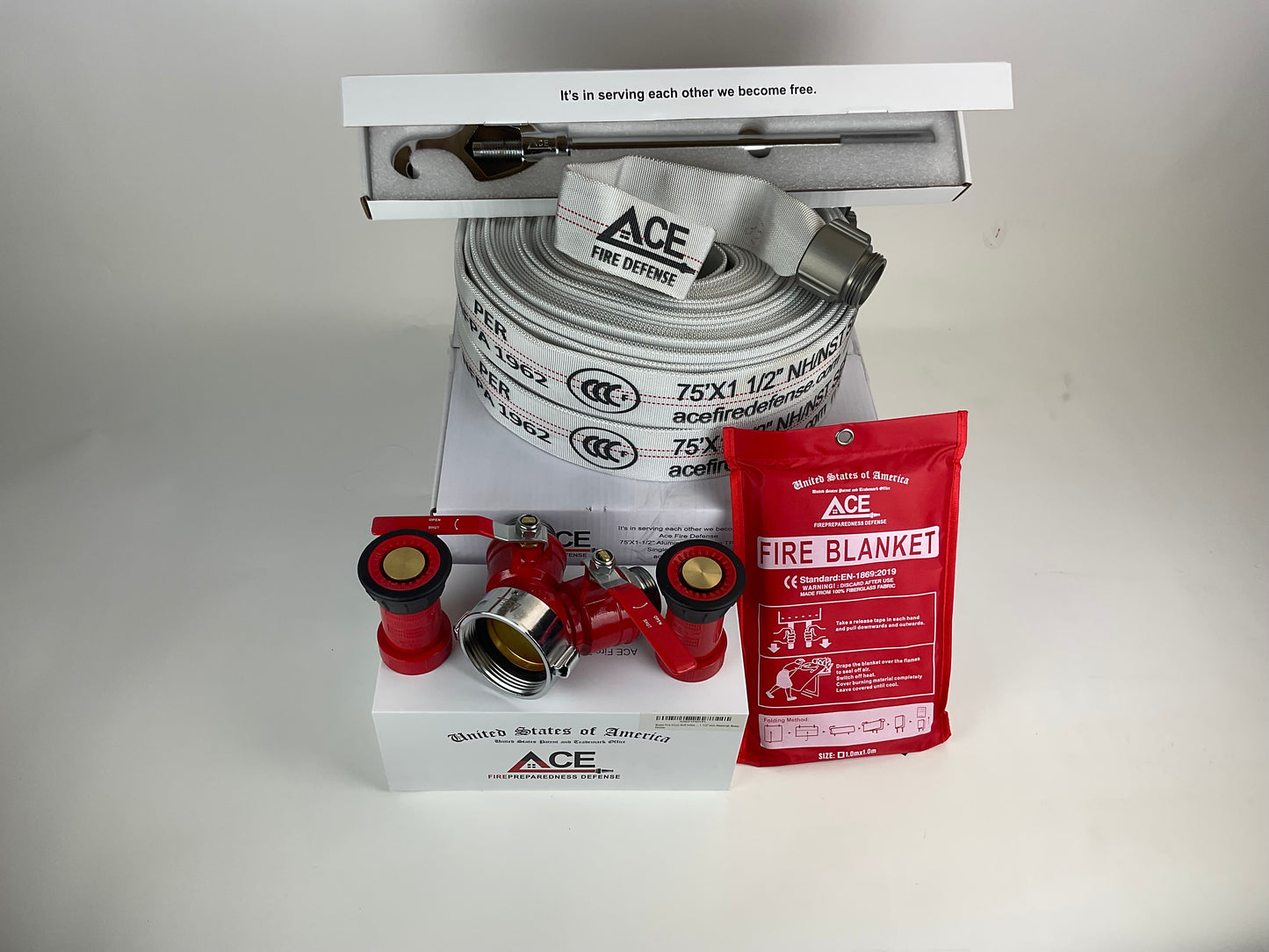 Fire Safe Home (2 pack 75' fire hoses) with Brass Fire Hydrant Connector Valve, Hydrant Wrench and 2 nozzles.