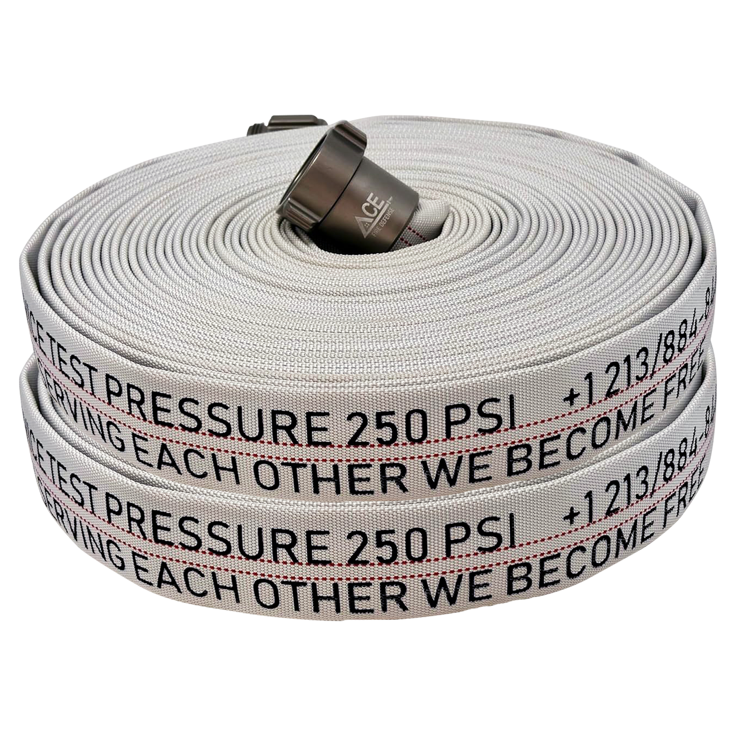 Roll of gray hose with text and ACE logo on a white background