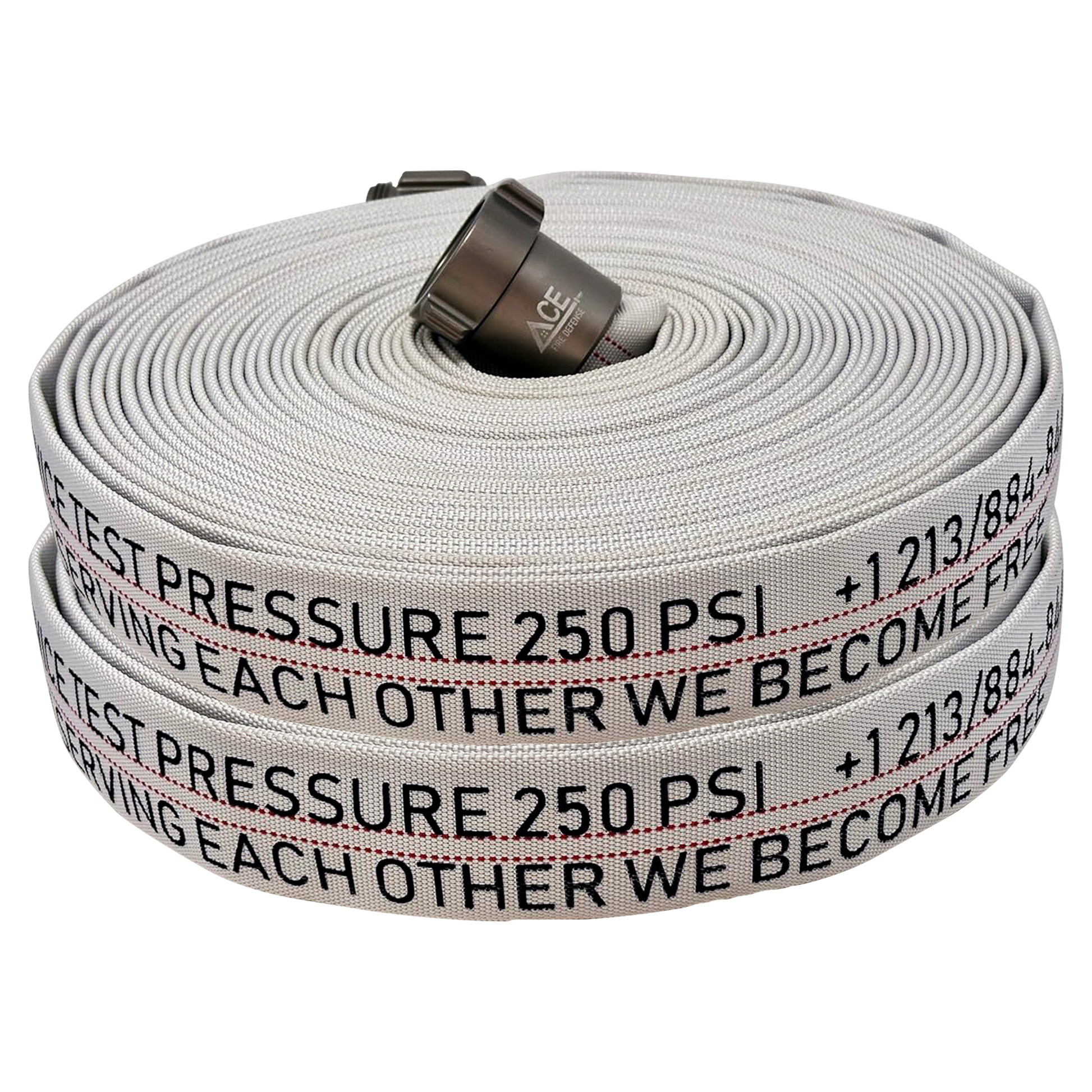 Roll of gray hose with text and ACE logo on a white background