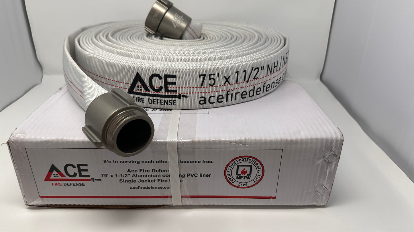 Fire Hose 75’ x 1.5”  PER NAFTA 1962. Single Jacket, NH Extra Large Aluminum Couplings, Heavy weight for everyday use.