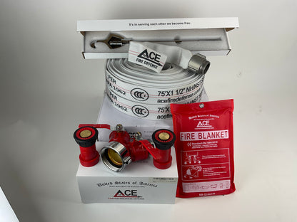 Fire Safe Home (2 pack 75' fire hoses) with Brass Fire Hydrant Connector Valve, Hydrant Wrench and 2 nozzles.