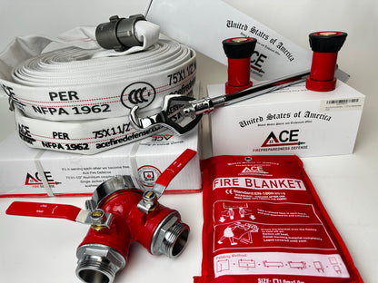 Fire Safe Home (2 pack 75' fire hoses) with Brass Fire Hydrant Connector Valve, Hydrant Wrench and 2 nozzles.