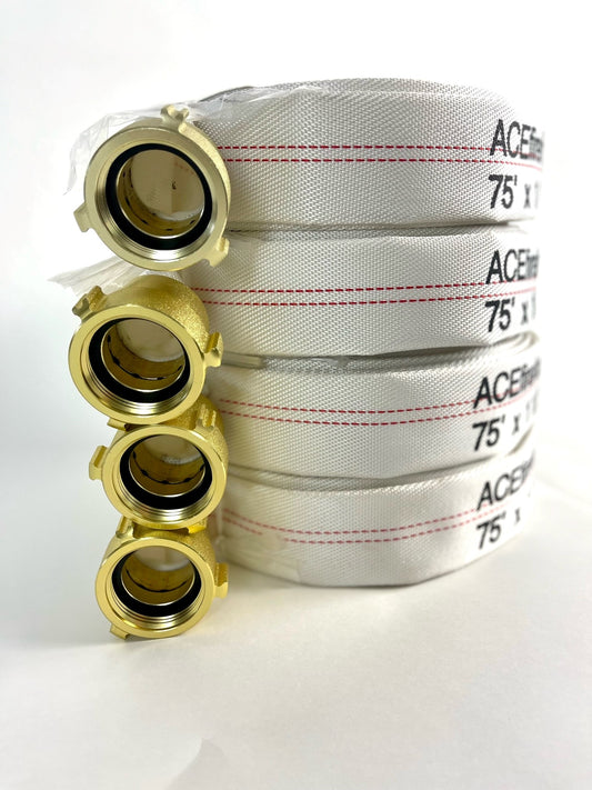 Fire Hose 75' x 1.5" (4 pack), Folded, Brass Plated Aluminum Couplings, TPU Lining, CCC Certified