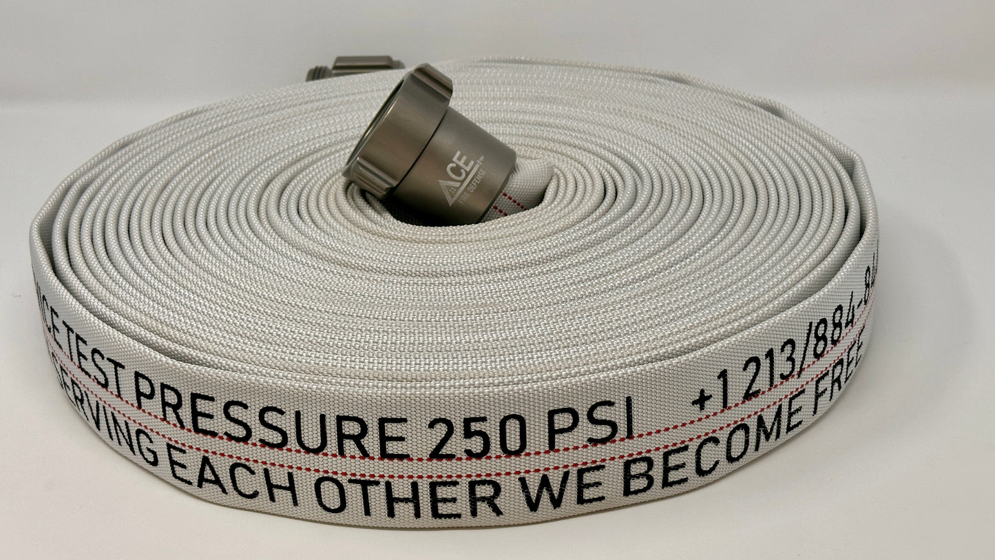 Fire Hose 75’ x 1.5”  PER NAFTA 1962. Single Jacket, NH Extra Large Aluminum Couplings, Heavy weight for everyday use.