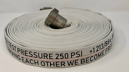 Fire Hose 75’ x 1.5”  PER NAFTA 1962. Single Jacket, NH Extra Large Aluminum Couplings, Heavy weight for everyday use.