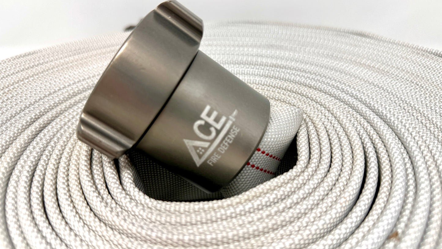 Fire Hose 75’ x 1.5”  PER NAFTA 1962. Single Jacket, NH Extra Large Aluminum Couplings, Heavy weight for everyday use.