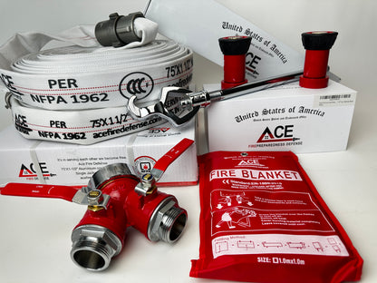 Fire Safe Home (2 pack 75' fire hoses) with Brass Fire Hydrant Connector Valve, Hydrant Wrench and 2 nozzles.