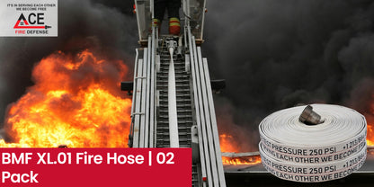 Fire hose reel with flames and smoke, featuring ACE Fire Defense branding.