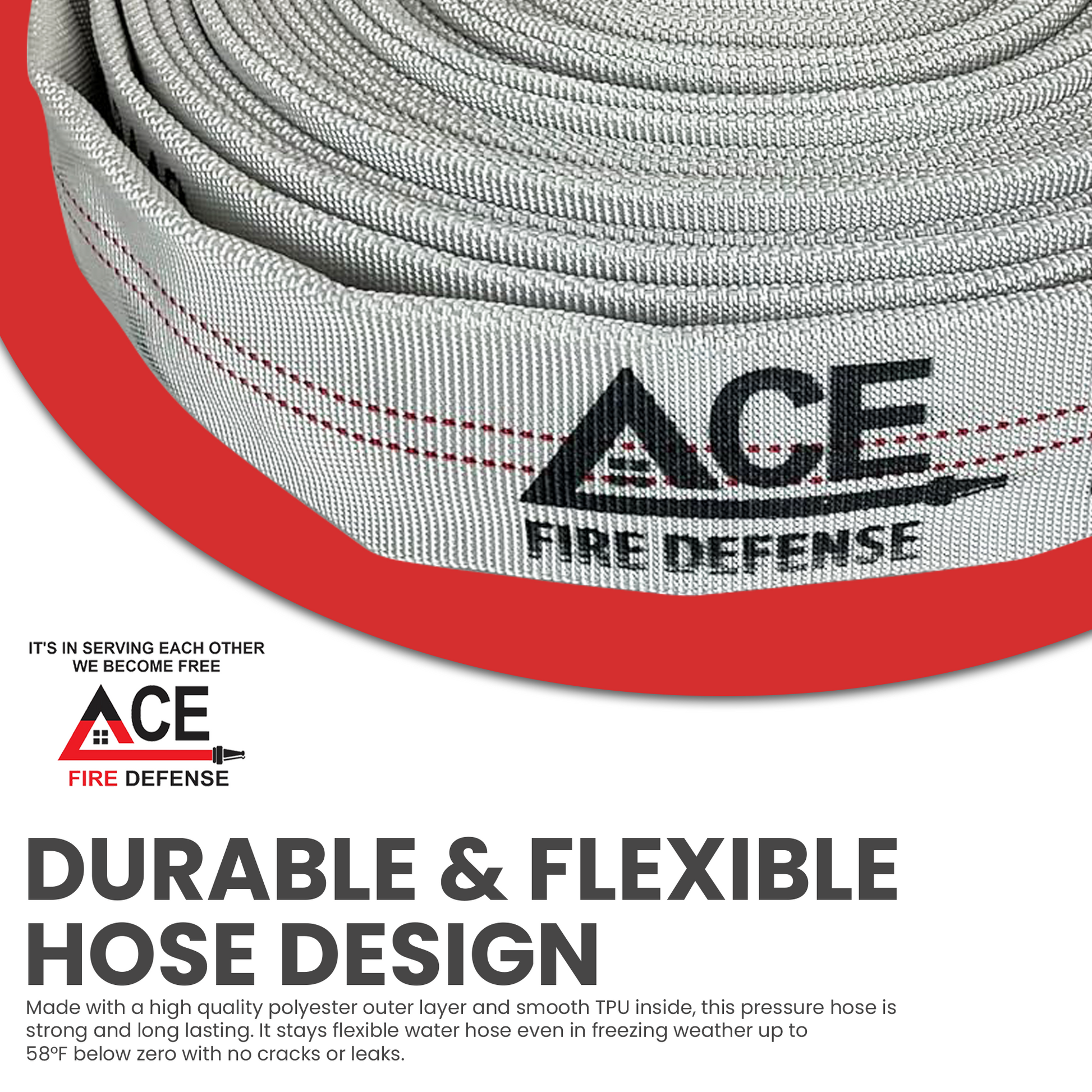 Roll of ACE Fire Defense hose with branding and product description text.