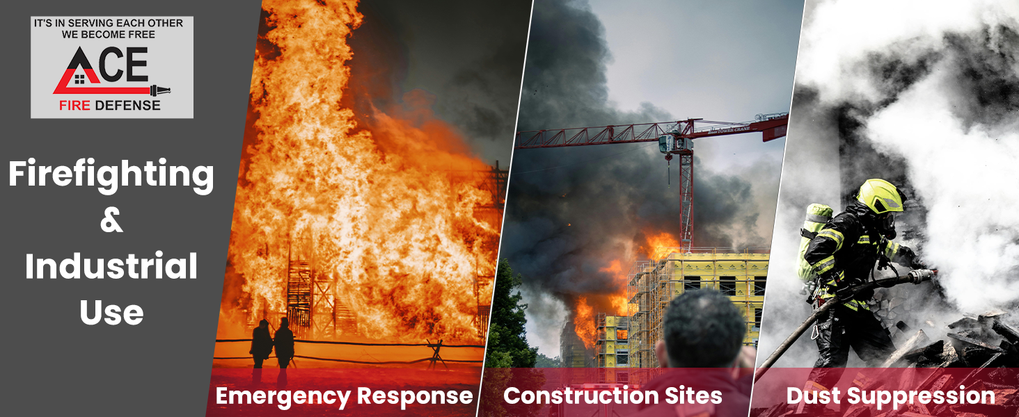 Promotional graphic for ACE Fire Defense with images of fire, construction site, and firefighter, highlighting firefighting and industrial use.