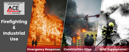 Promotional graphic for ACE Fire Defense with images of fire, construction site, and firefighter, highlighting firefighting and industrial use.