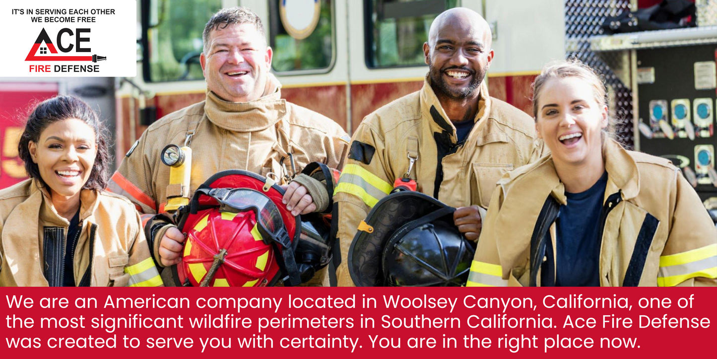 Four firefighters posing together with a fire truck in the background, featuring Ace Fire Defense branding.