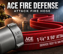 A red fire hose with a silver metal coupler in the foreground, shown with large overlaid text reading 'ACE FIRE DEFENSE' and 'ATTACK FIRE HOSE.' A firefighter is visible in a smoky industrial background, using a hose.