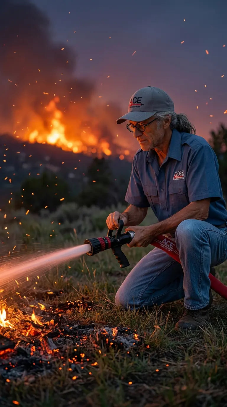 A man wearing a blue work shirt and jeans kneels in a grassy field at dusk, using a hose to extinguish a small fire with bright orange flames and embers in the background.