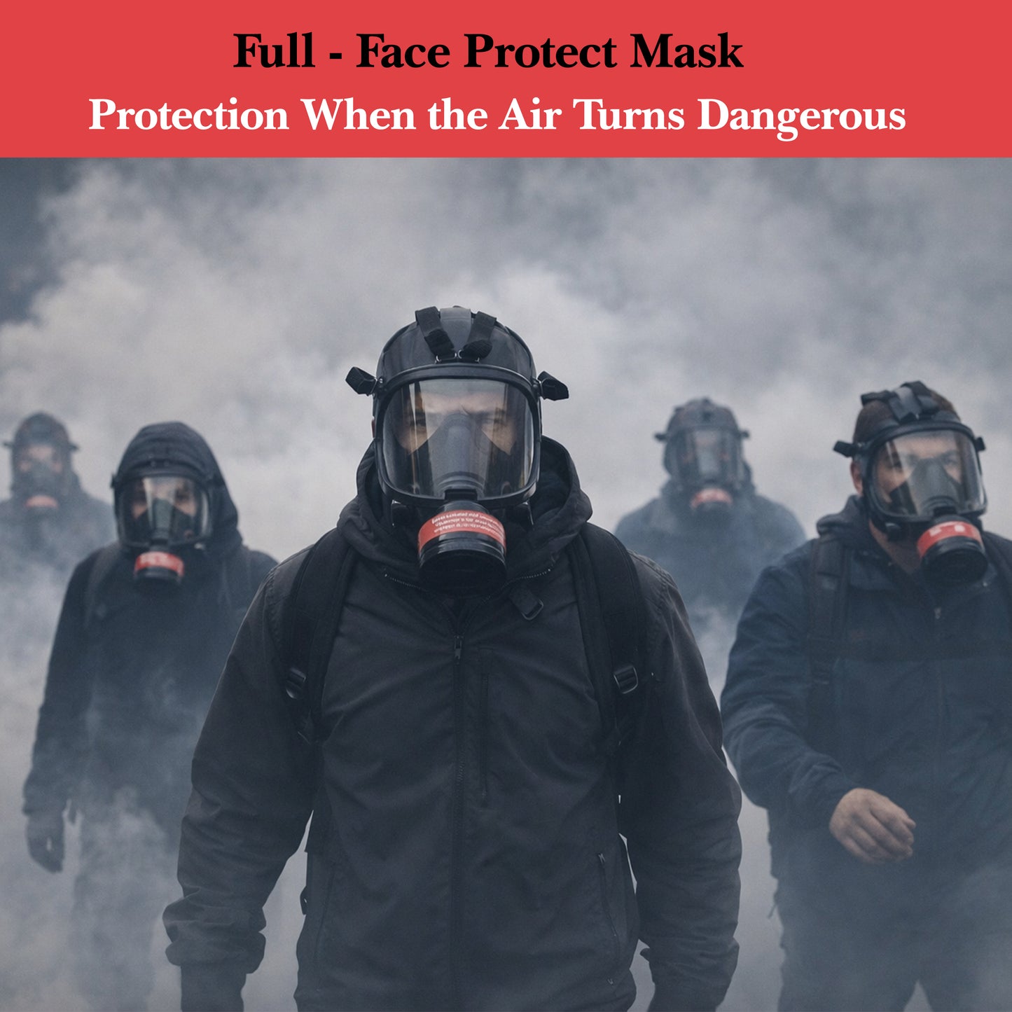 People wearing full-face protective masks in a foggy environment with text about air pollution.