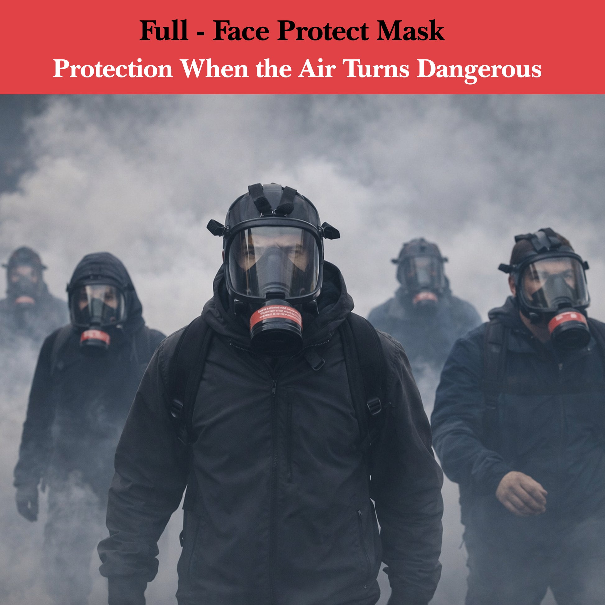 People wearing full-face protective masks in a foggy environment with text about air pollution.
