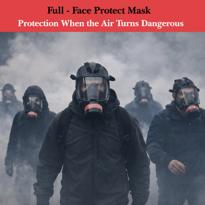 People wearing full-face protective masks in a foggy environment with text about air pollution.