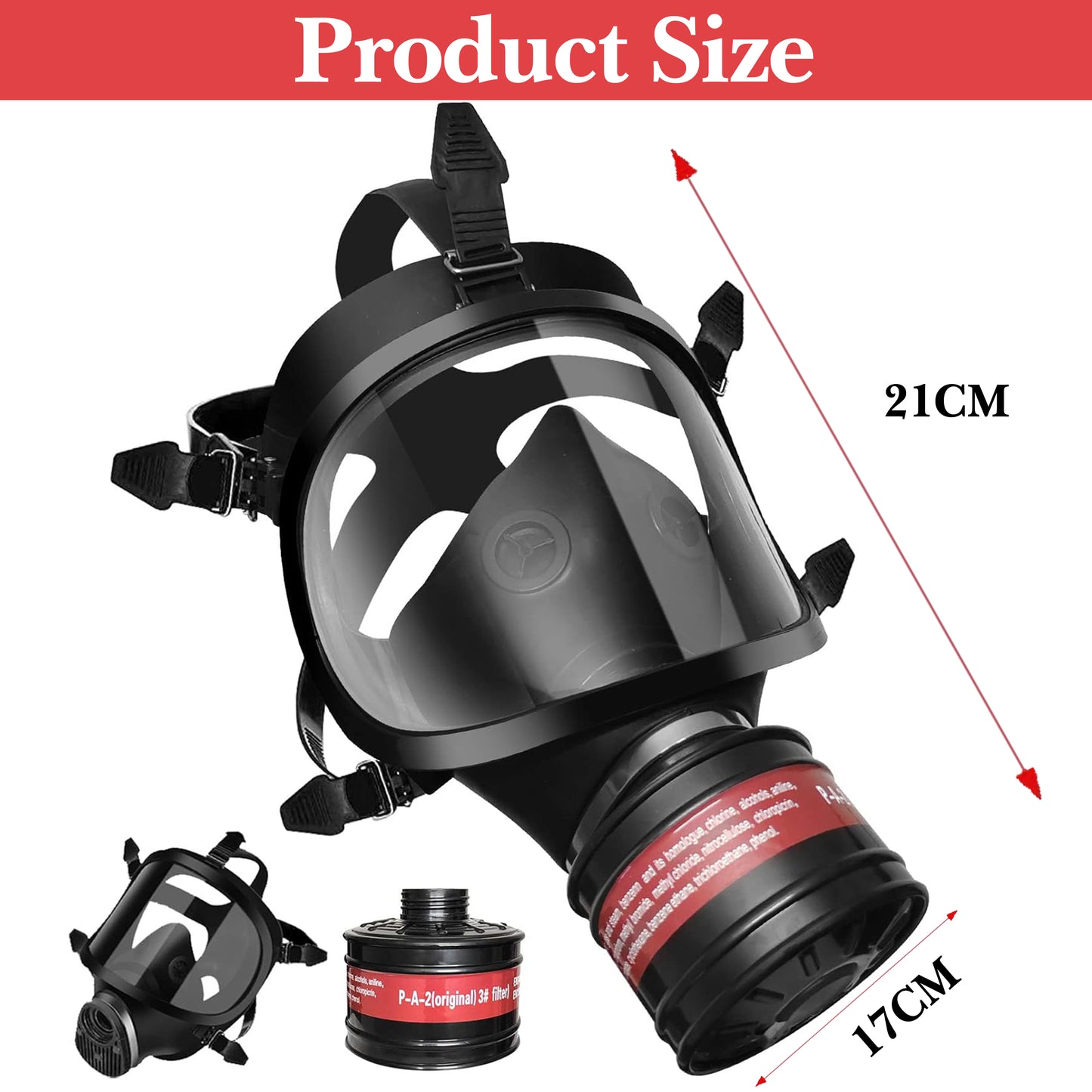 Black gas mask with measurement details on a white background
