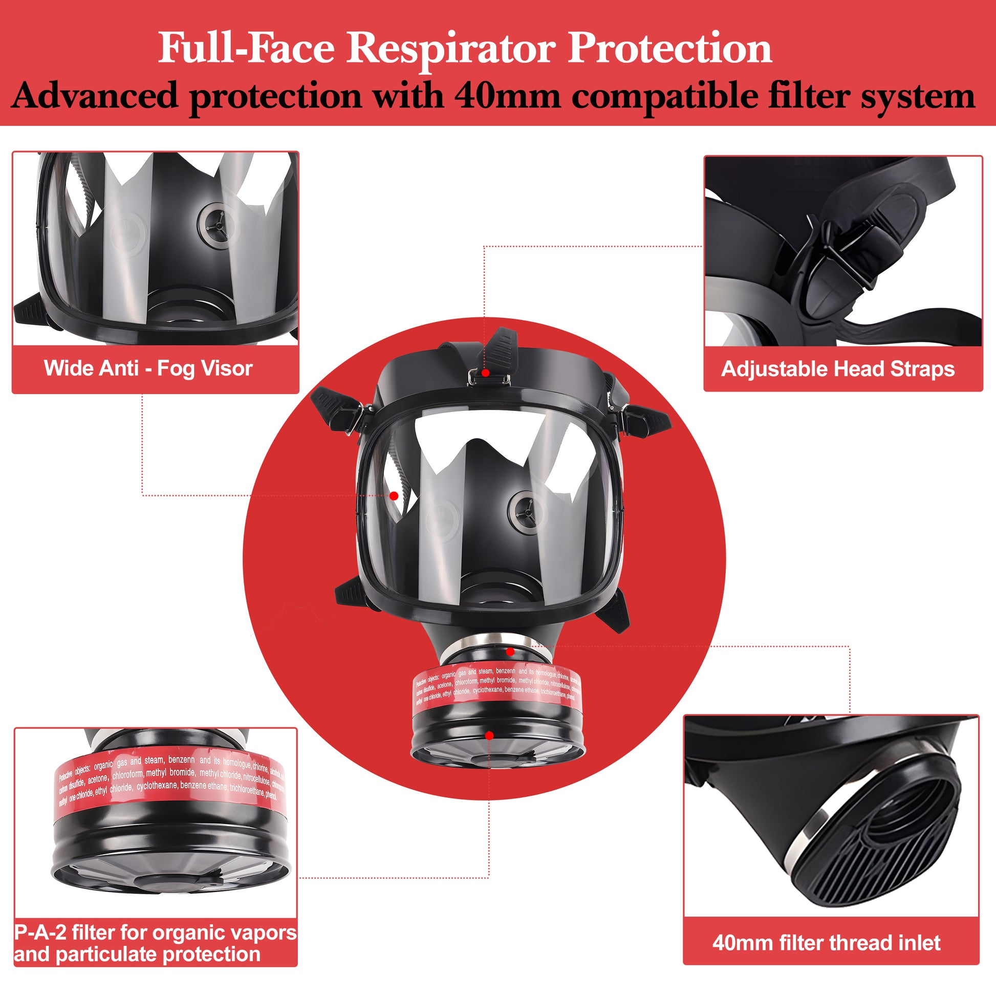 Full-face respirator with features highlighted on a red background, including wide anti-fog visor, adjustable head straps, P-A-2 filter, and 40mm thread inlet.