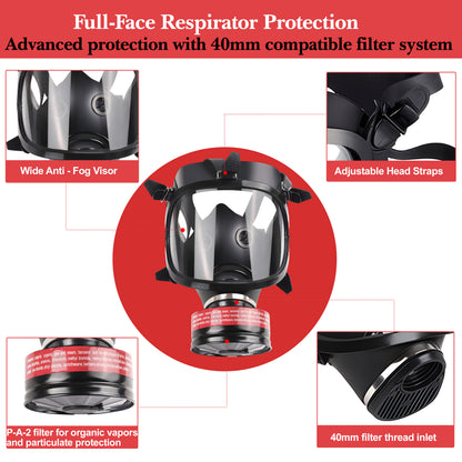 Full-face respirator with features highlighted on a red background, including wide anti-fog visor, adjustable head straps, P-A-2 filter, and 40mm thread inlet.