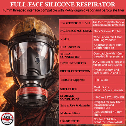 Full-face silicone respirator with protective features and specifications on a red background