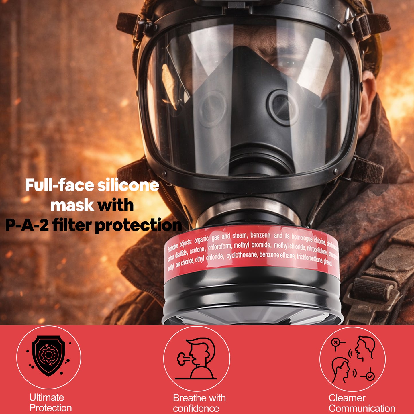 Person wearing a full-face silicone mask with P-A-2 filter protection against a fiery background.