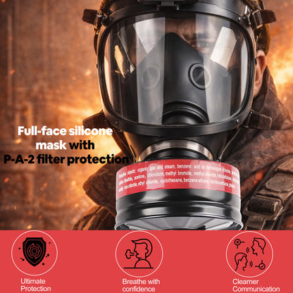 Person wearing a full-face silicone mask with P-A-2 filter protection against a fiery background.