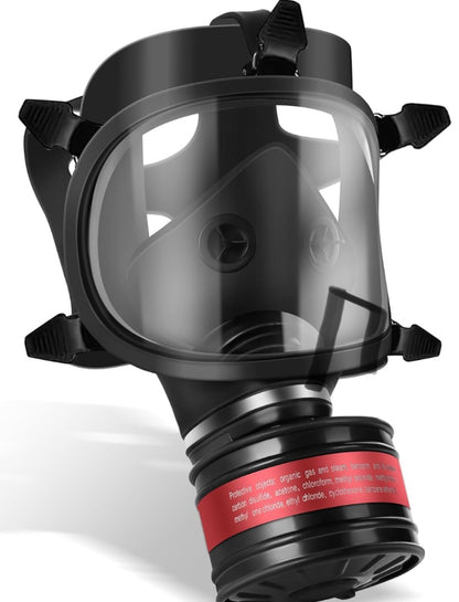 Black full-face gas mask with clear visor on a white background
