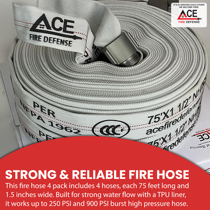 Ace Fire Defense fire hose with branding and specifications on a gray background