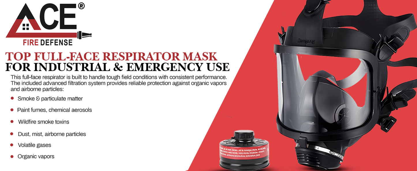 Full-face respirator mask for industrial and emergency use with ACE branding on a red background.